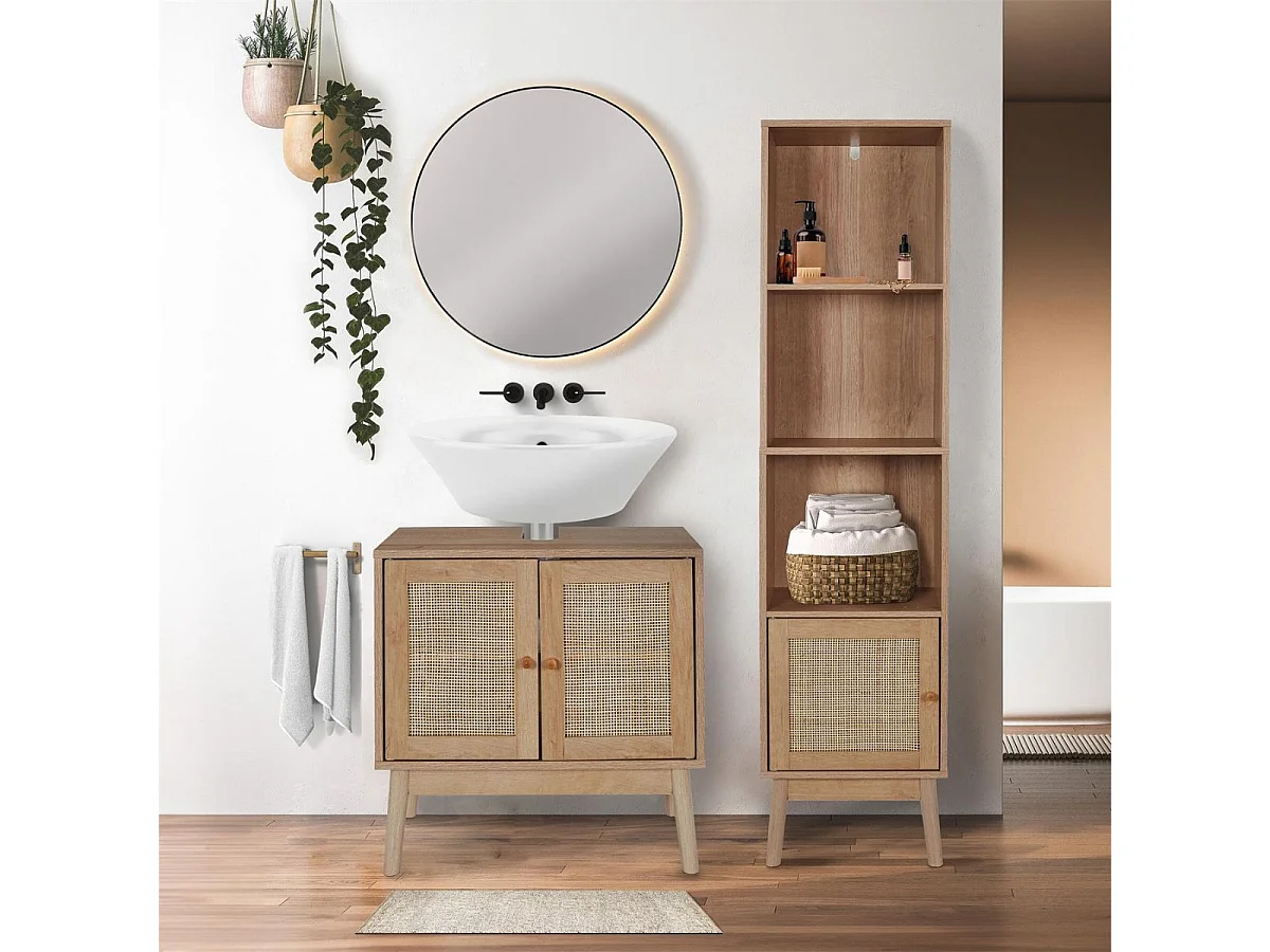 Meuble de salle de bain sous vasque 2 portes Effet Bois et Façades Rotin - MAYA