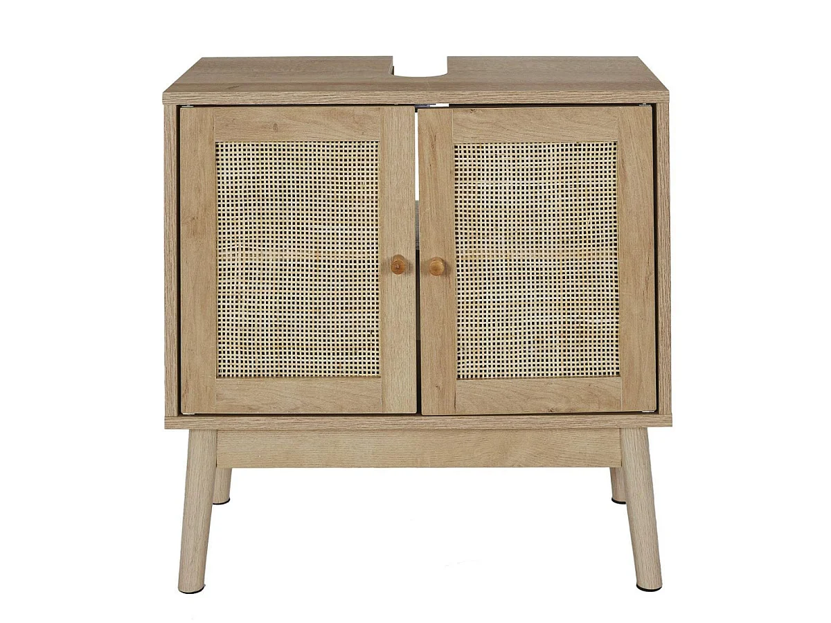 Meuble de salle de bain sous vasque 2 portes Effet Bois et Façades Rotin - MAYA