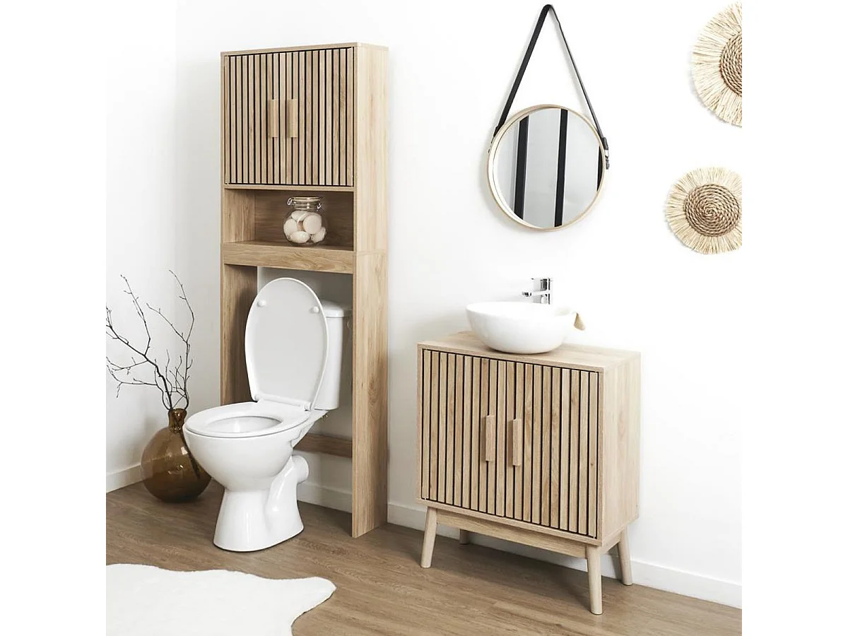Meuble de salle de bain sous vasque 2 portes Effet Bois avec Tasseaux - PAJAN