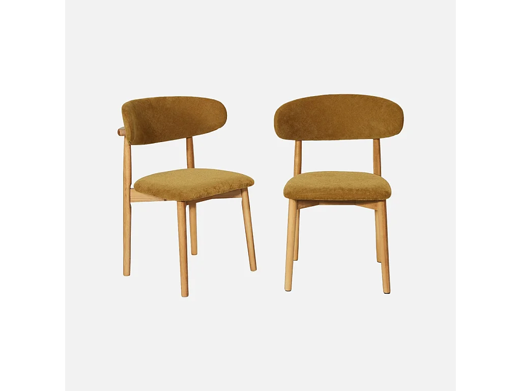 Lot de 2 chaises bois d'hévéa naturel et tissu chenille moutarde - Paola