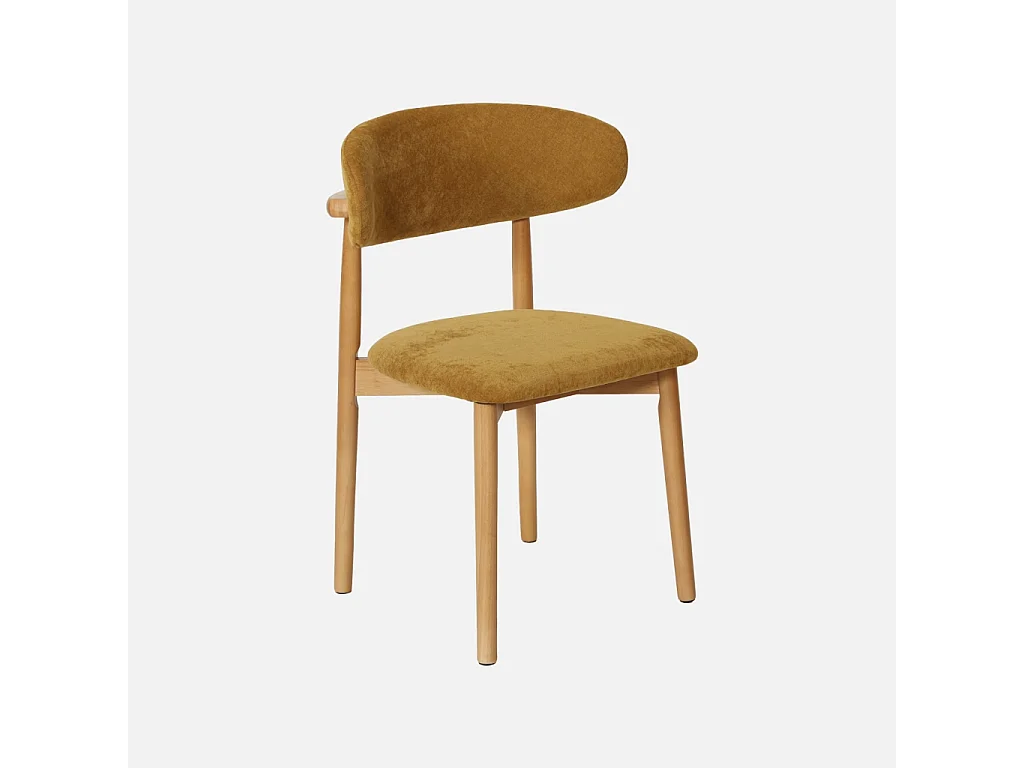Lot de 2 chaises bois d'hévéa naturel et tissu chenille moutarde - Paola
