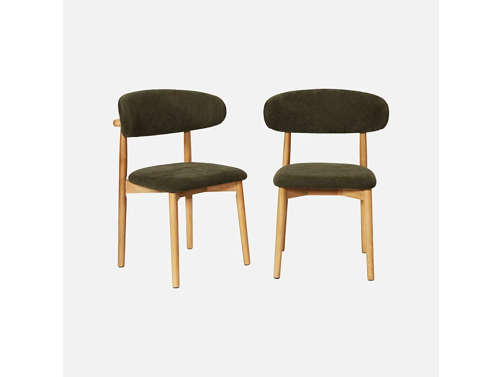Lot de 2 chaises bois d'hévéa naturel et tissu chenille kaki - Paola