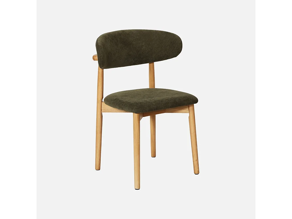 Lot de 2 chaises bois d'hévéa naturel et tissu chenille kaki - Paola