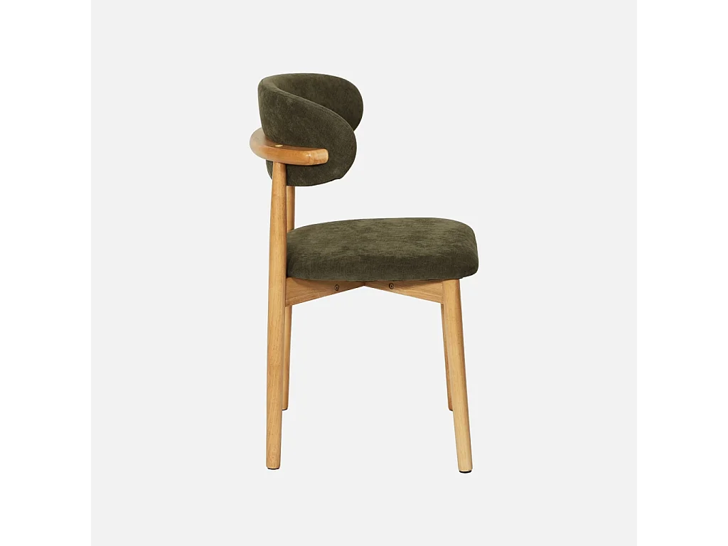 Lot de 2 chaises bois d'hévéa naturel et tissu chenille kaki - Paola