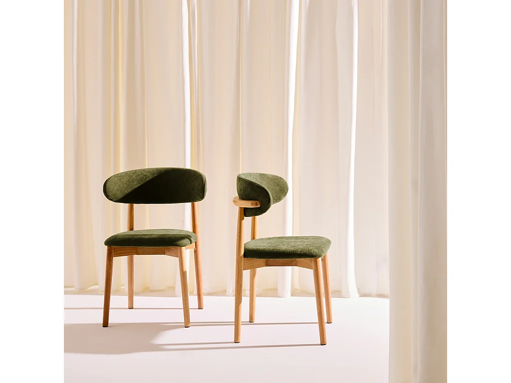 Lot de 2 chaises bois d'hévéa naturel et tissu chenille kaki - Paola