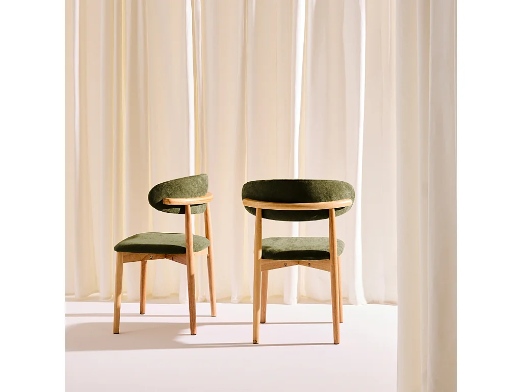 Lot de 2 chaises bois d'hévéa naturel et tissu chenille kaki - Paola