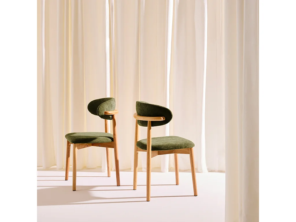 Lot de 2 chaises bois d'hévéa naturel et tissu chenille kaki - Paola