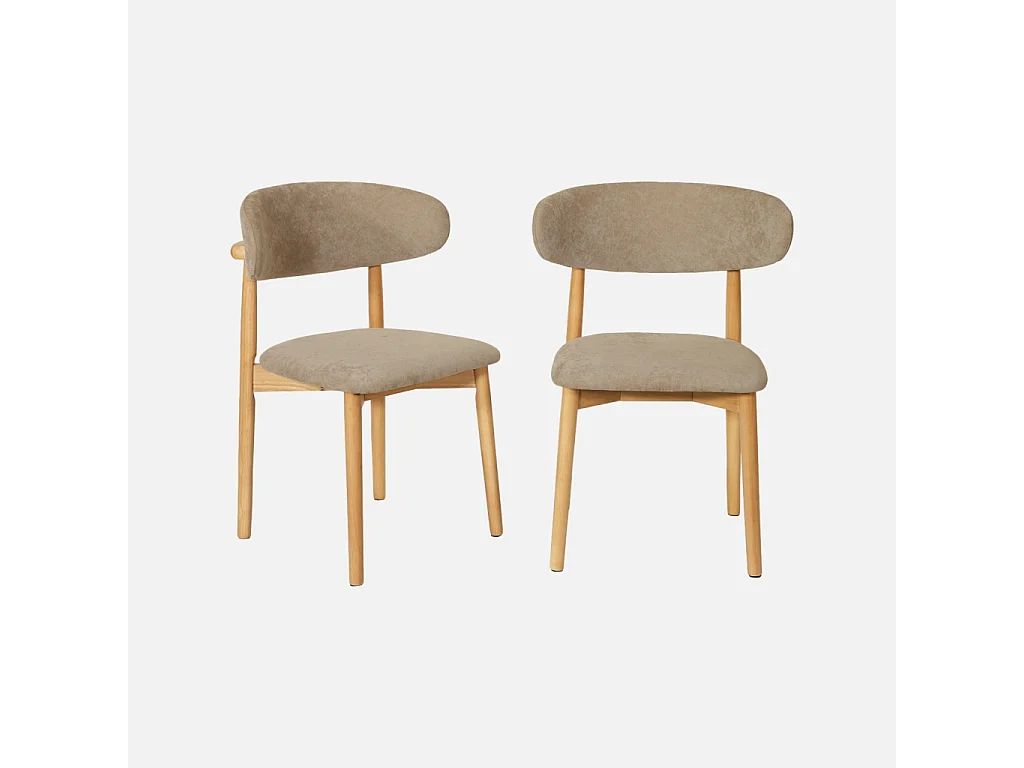 Lot de 2 chaises bois d'hévéa naturel et tissu chenille taupe - Paola