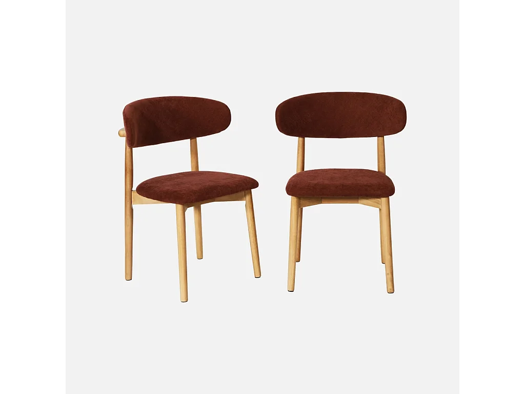 Lot de 2 chaises bois d'hévéa naturel et tissu chenille bordeaux - Paola
