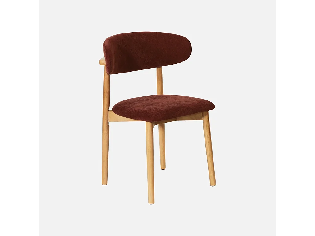 Lot de 2 chaises bois d'hévéa naturel et tissu chenille bordeaux - Paola