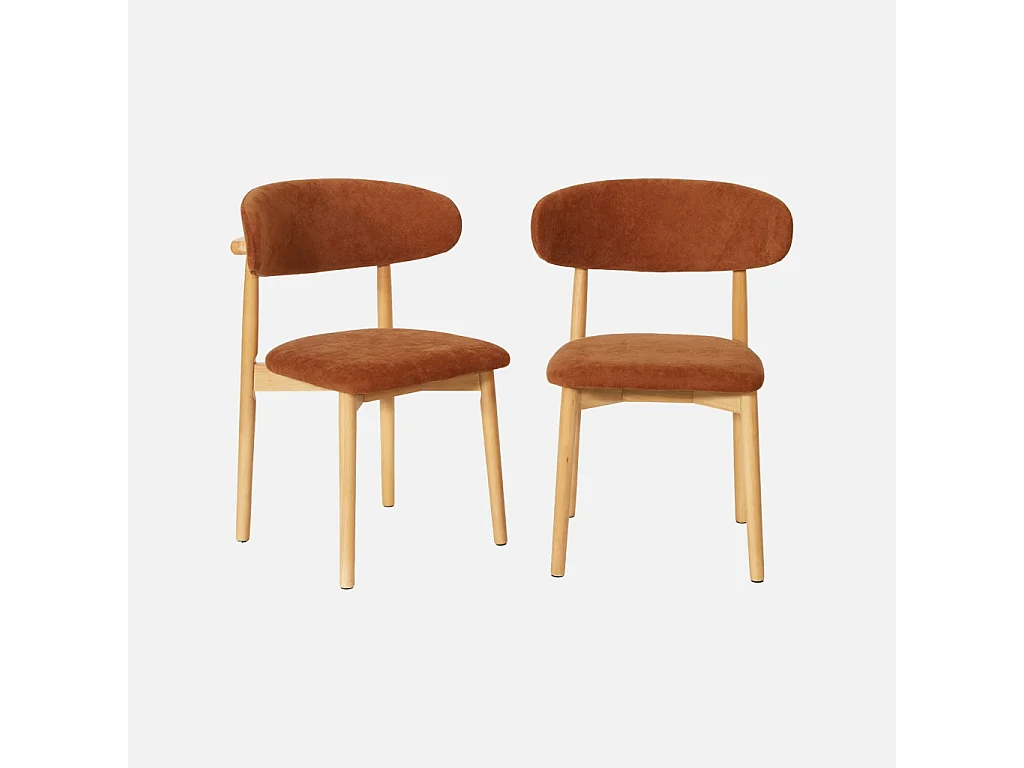 Lot de 2 chaises bois d'hévéa naturel et tissu chenille terracotta - Paola