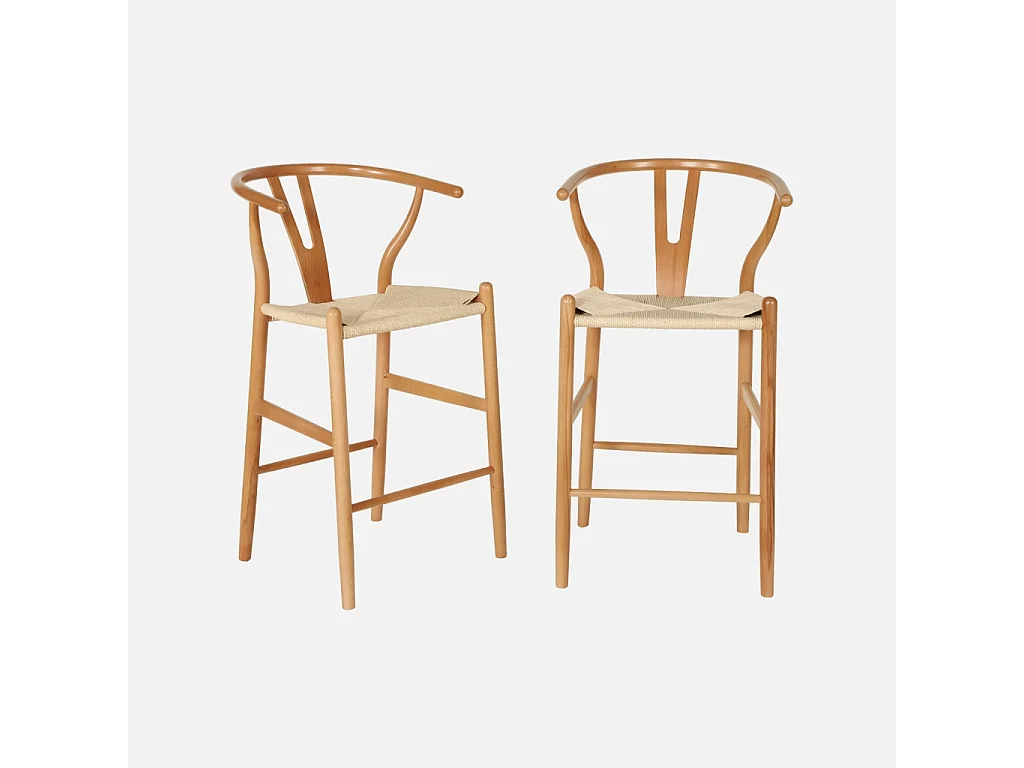 Taburete de bar vintage de madera de haya y cuerdas, set de 2 natural