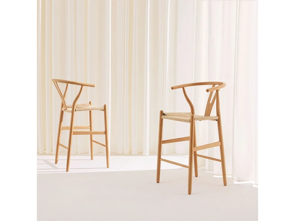 Set 2 sgabelli da bar vintage in legno di faggio e corde Marrone naturale - 55x55x97 cm