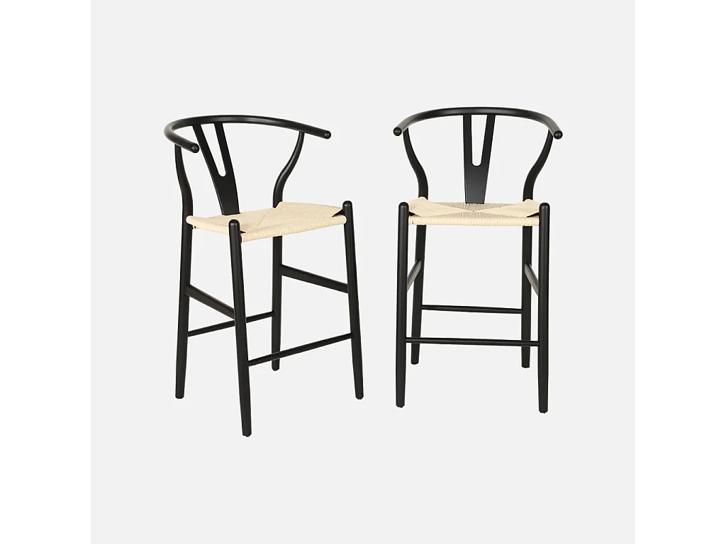 Taburete de bar vintage de madera de haya y cuerdas, set de 2 negro
