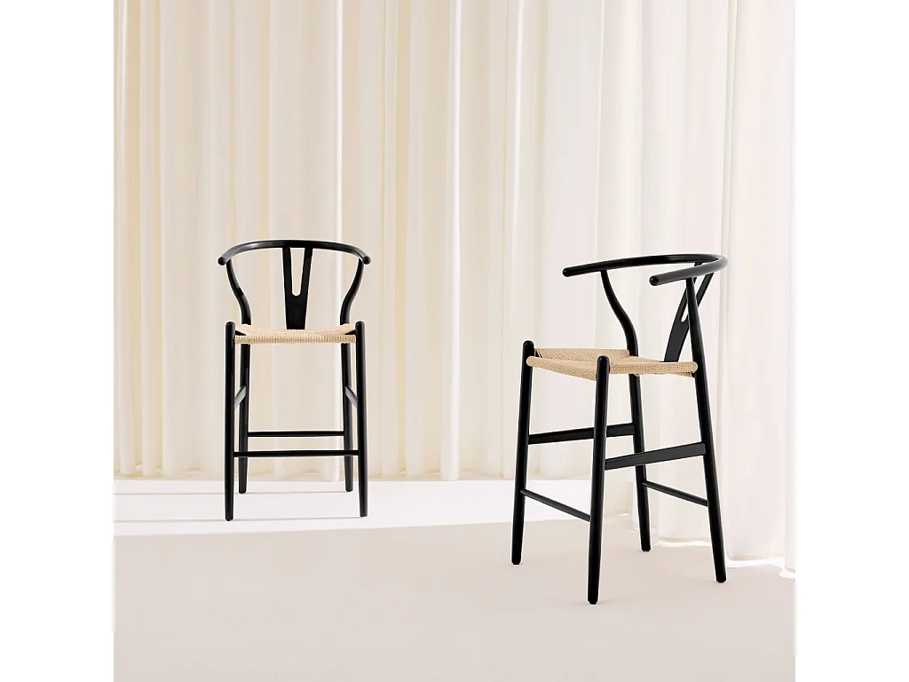 Taburete de bar vintage de madera de haya y cuerdas, set de 2, Negro