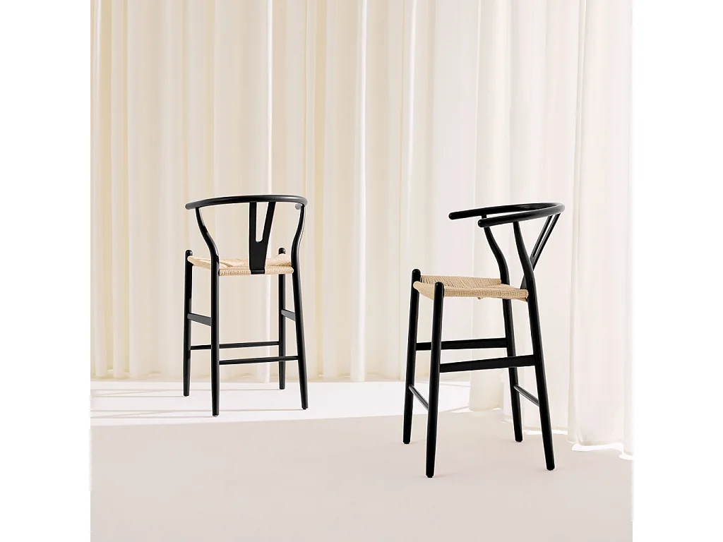 Taburete de bar vintage de madera de haya y cuerdas, set de 2, Negro