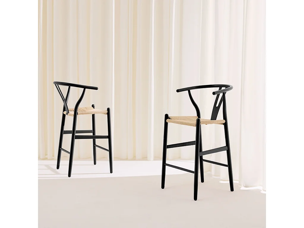 Taburete de bar vintage de madera de haya y cuerdas, set de 2, Negro