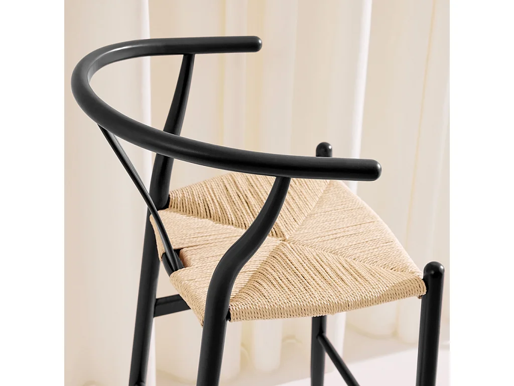 Taburete de bar vintage de madera de haya y cuerdas, set de 2, Negro
