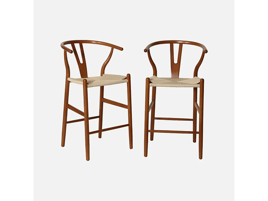 Taburete de bar vintage de madera de haya y cuerdas, set de 2 nogal