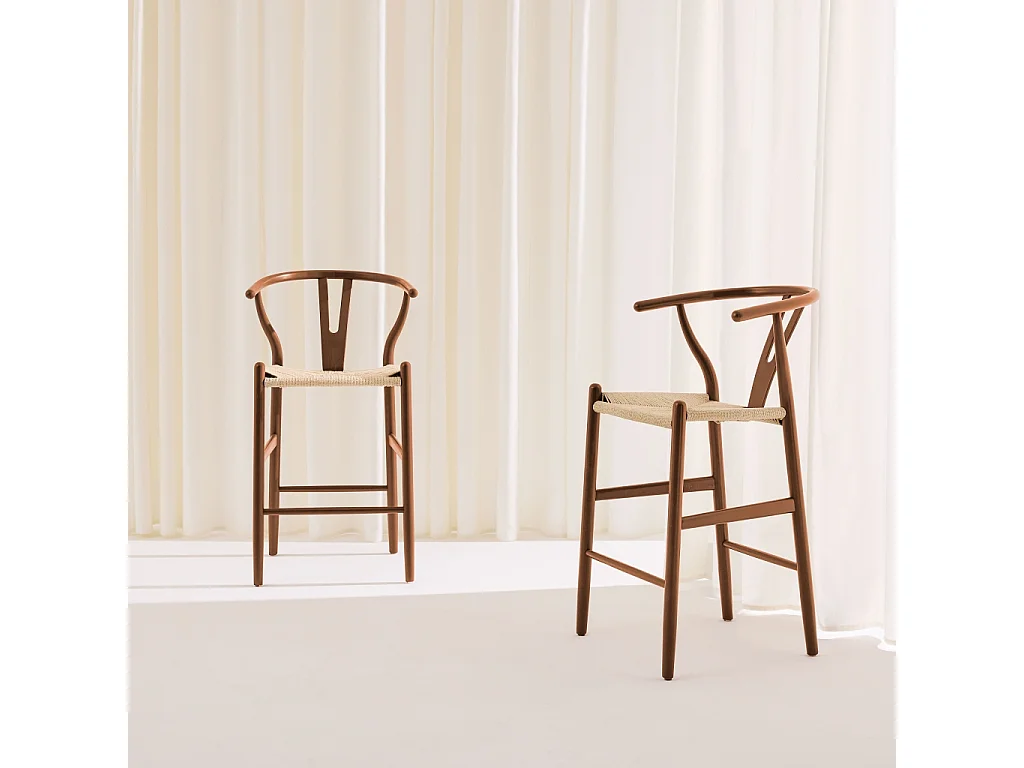 Set 2 sgabelli da bar vintage in legno di faggio e corde Noce - 55x55x97 cm