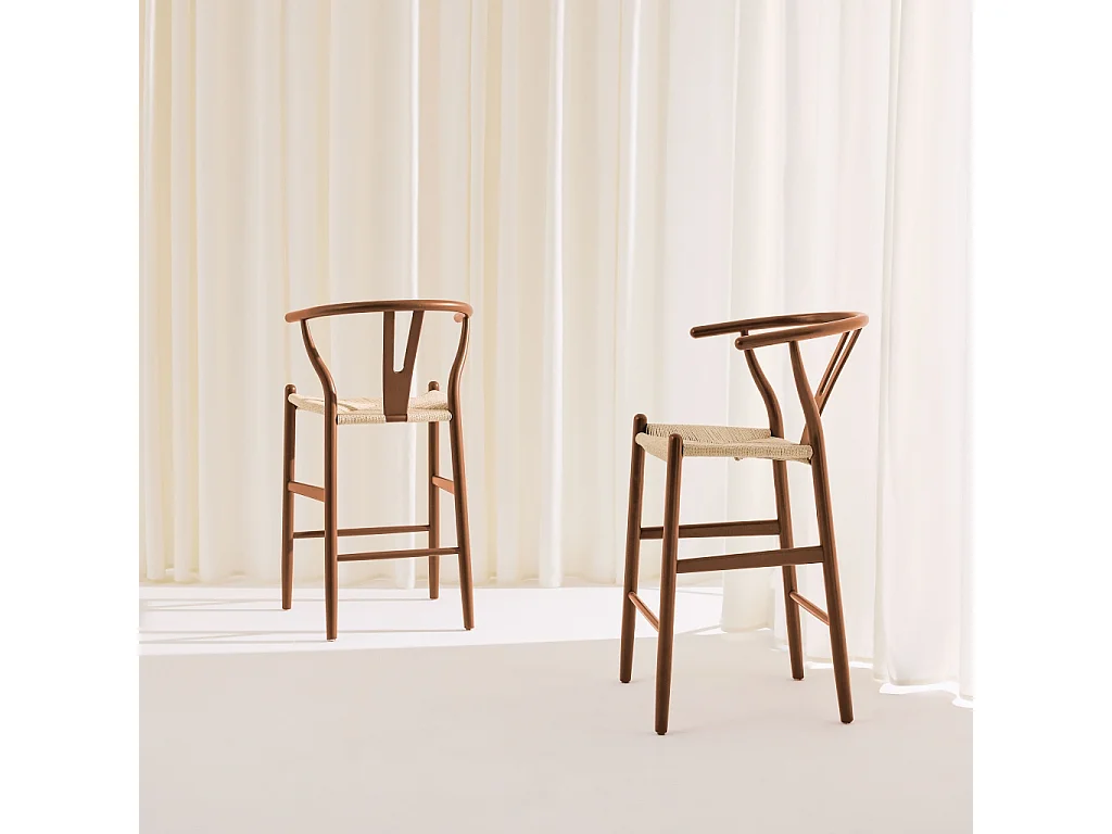 Set 2 sgabelli da bar vintage in legno di faggio e corde Noce - 55x55x97 cm