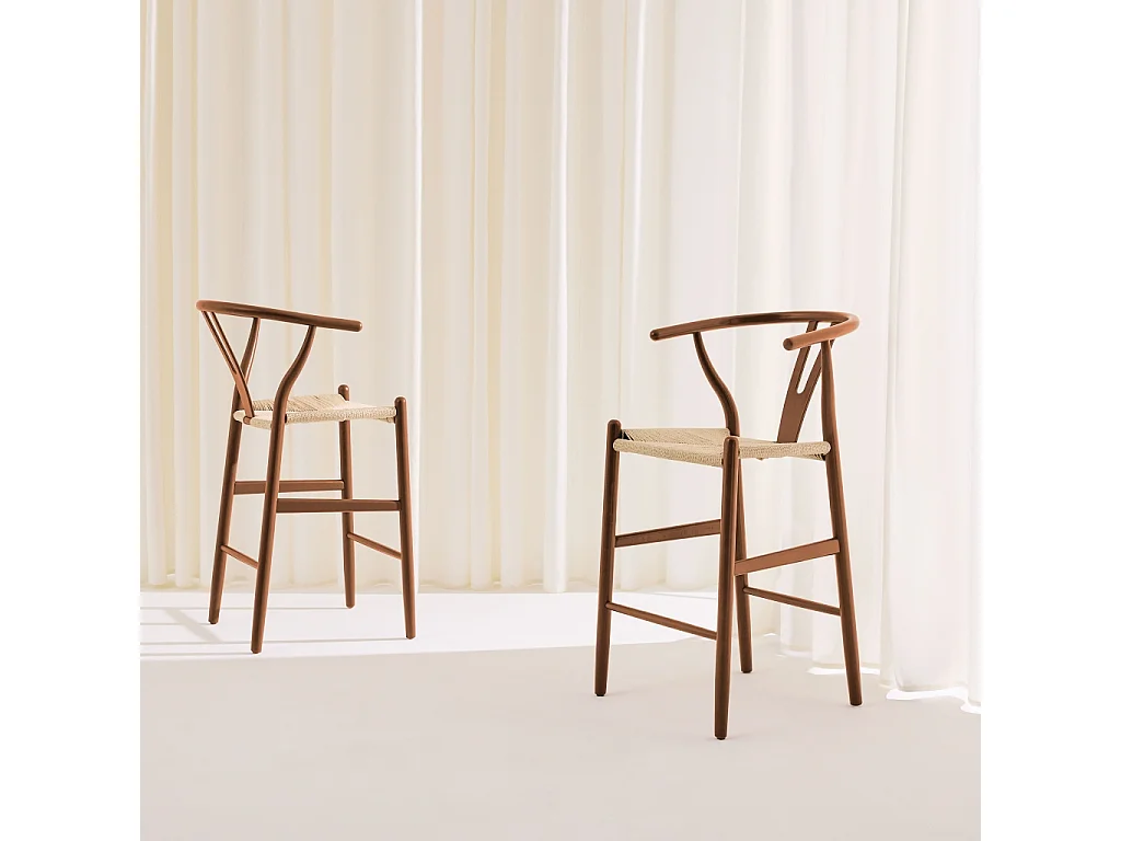 Set 2 sgabelli da bar vintage in legno di faggio e corde Noce - 55x55x97 cm