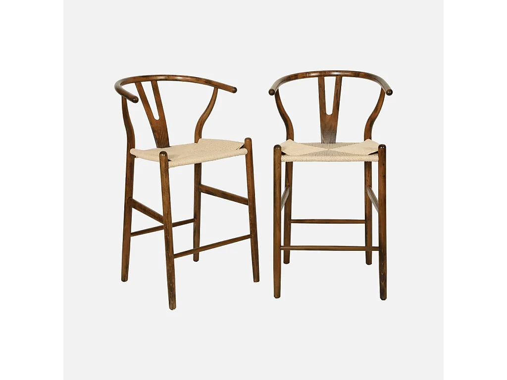 Taburete de bar vintage de madera de haya y cuerdas, set de 2 marrón