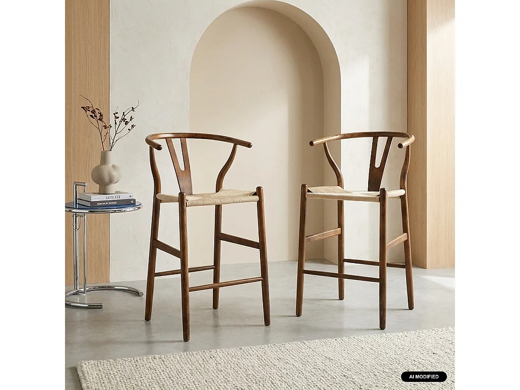 Set 2 sgabelli da bar vintage in legno di faggio e corde, marrone