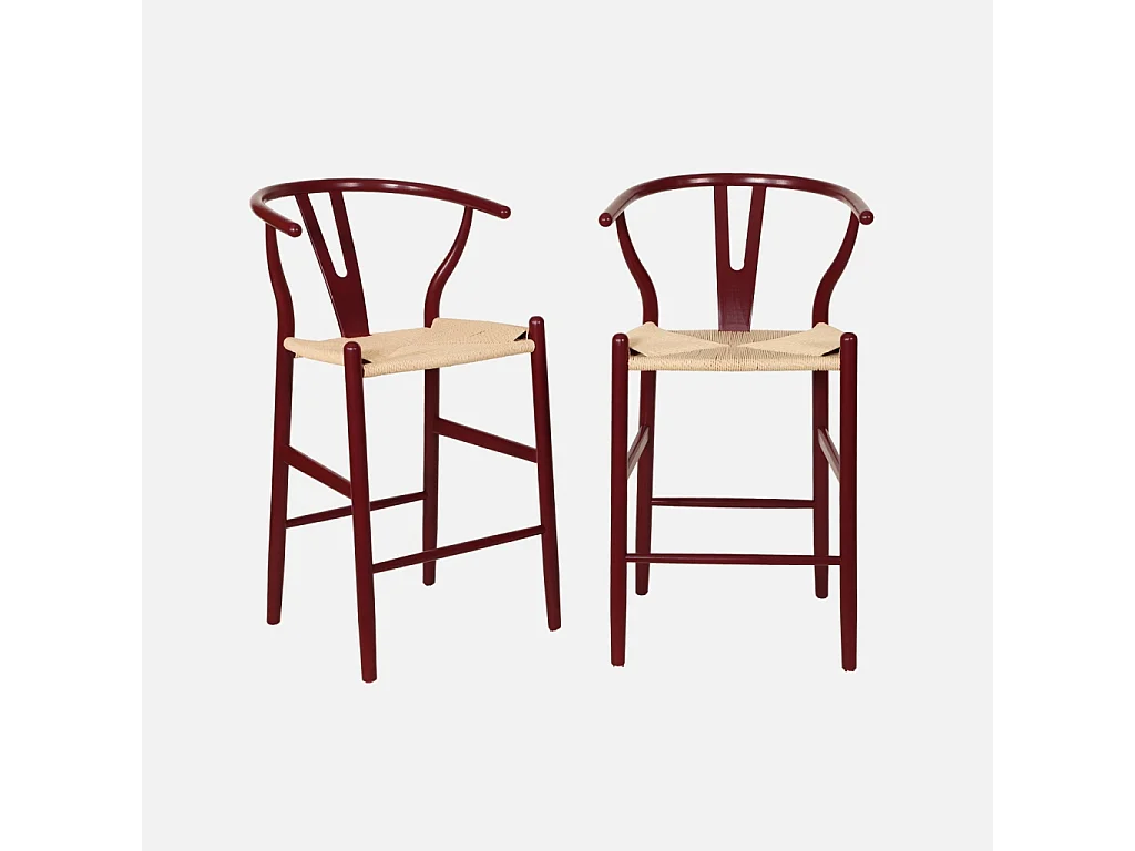 Taburete de bar vintage de madera de haya y cuerdas, set de 2 burdeos