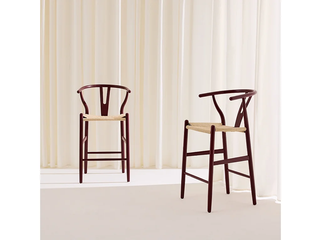 Taburete de bar vintage de madera de haya y cuerdas, set de 2, Burdeos