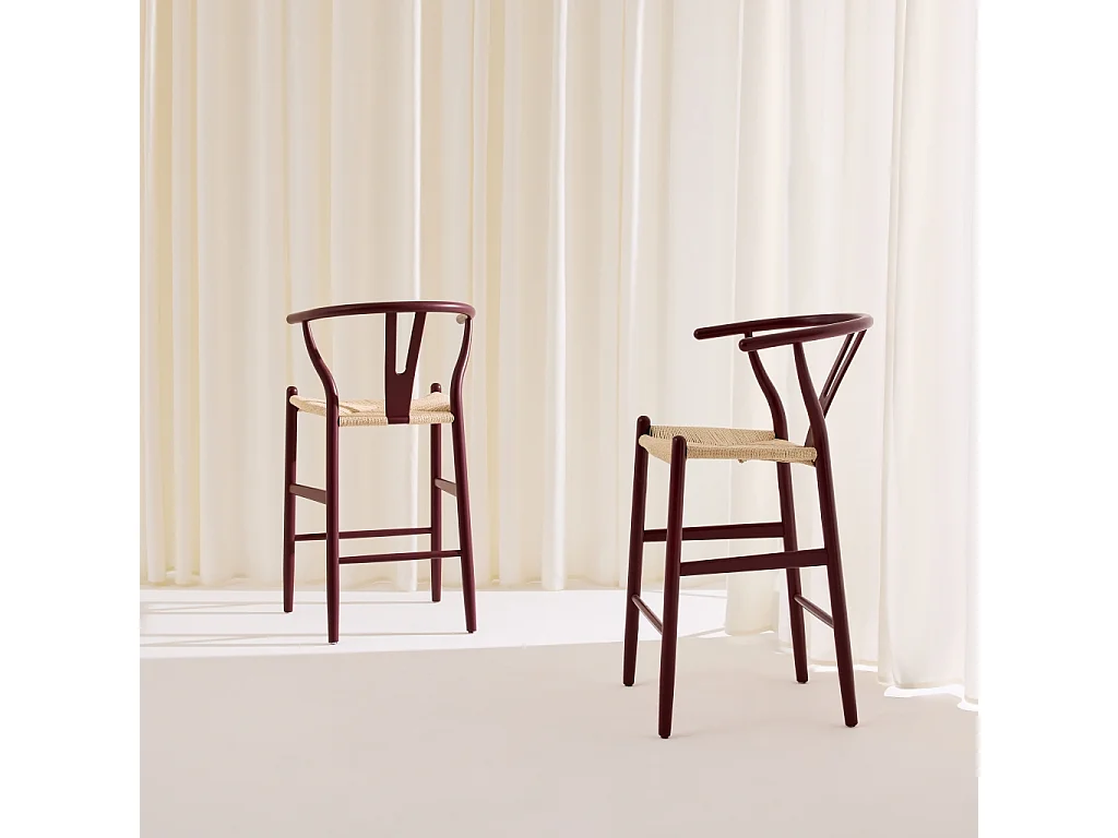 Taburete de bar vintage de madera de haya y cuerdas, set de 2, Burdeos