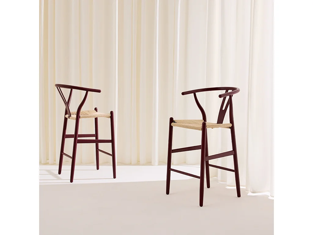 Taburete de bar vintage de madera de haya y cuerdas, set de 2, Burdeos