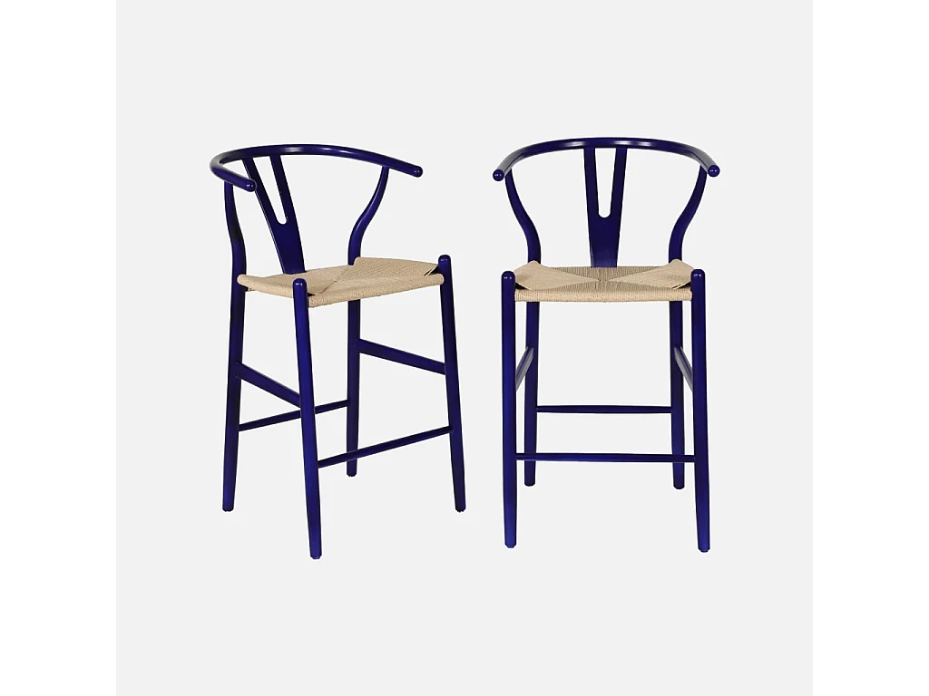 Taburete de bar vintage de madera de haya y cuerdas, set de 2 azul