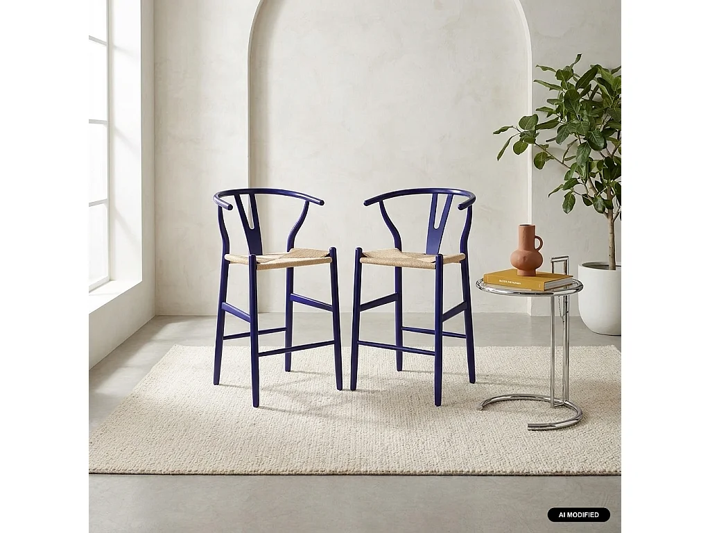 Set 2 sgabelli da bar vintage in legno di faggio e corde, blu