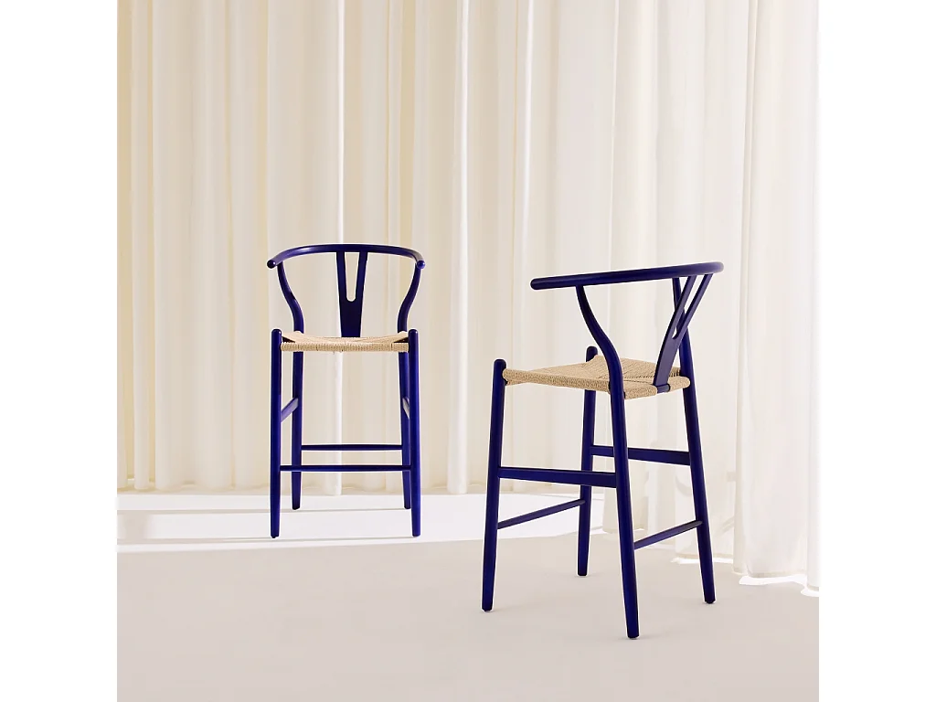 Set 2 sgabelli da bar vintage in legno di faggio e corde Blu - 55x55x97 cm