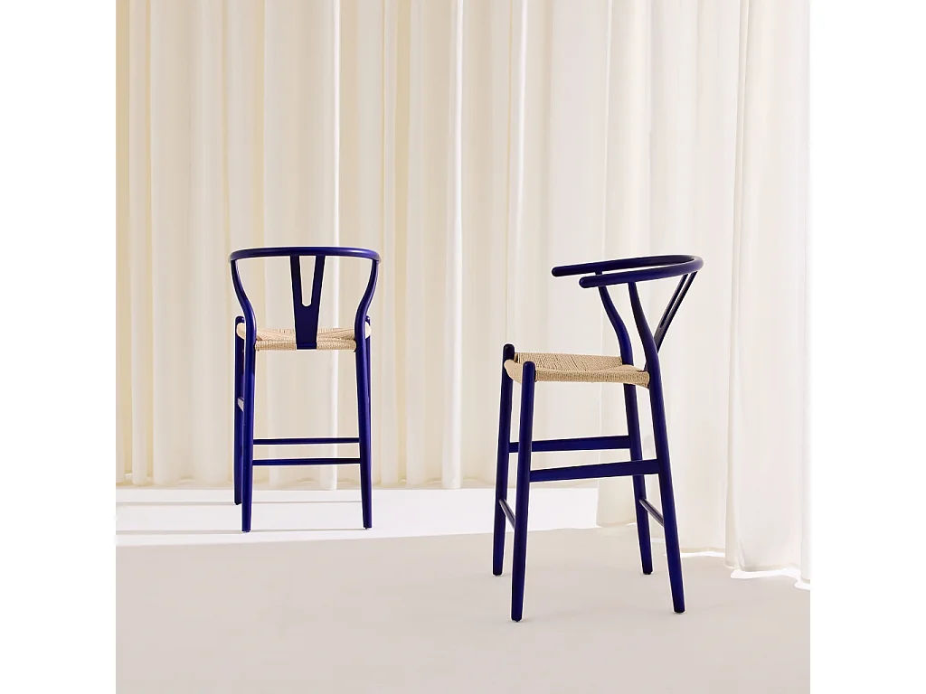 Set 2 sgabelli da bar vintage in legno di faggio e corde Blu - 55x55x97 cm