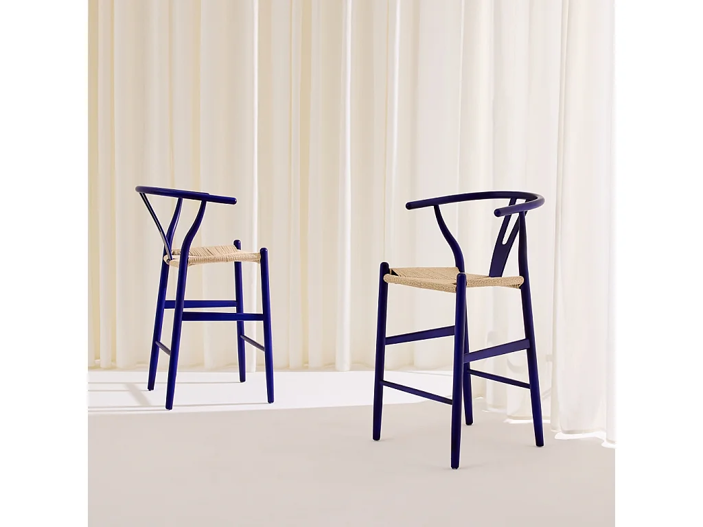 Set 2 sgabelli da bar vintage in legno di faggio e corde Blu - 55x55x97 cm