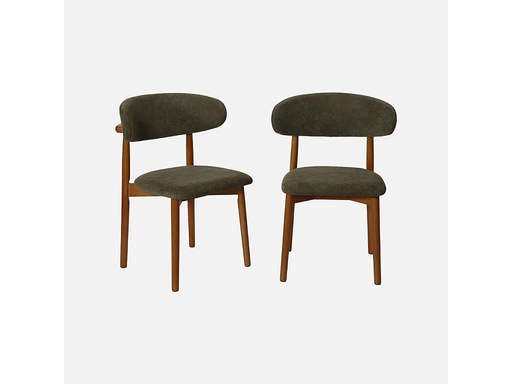 Lot de 2 chaises bois d'hévéa noyer et tissu chenille kaki - Paola