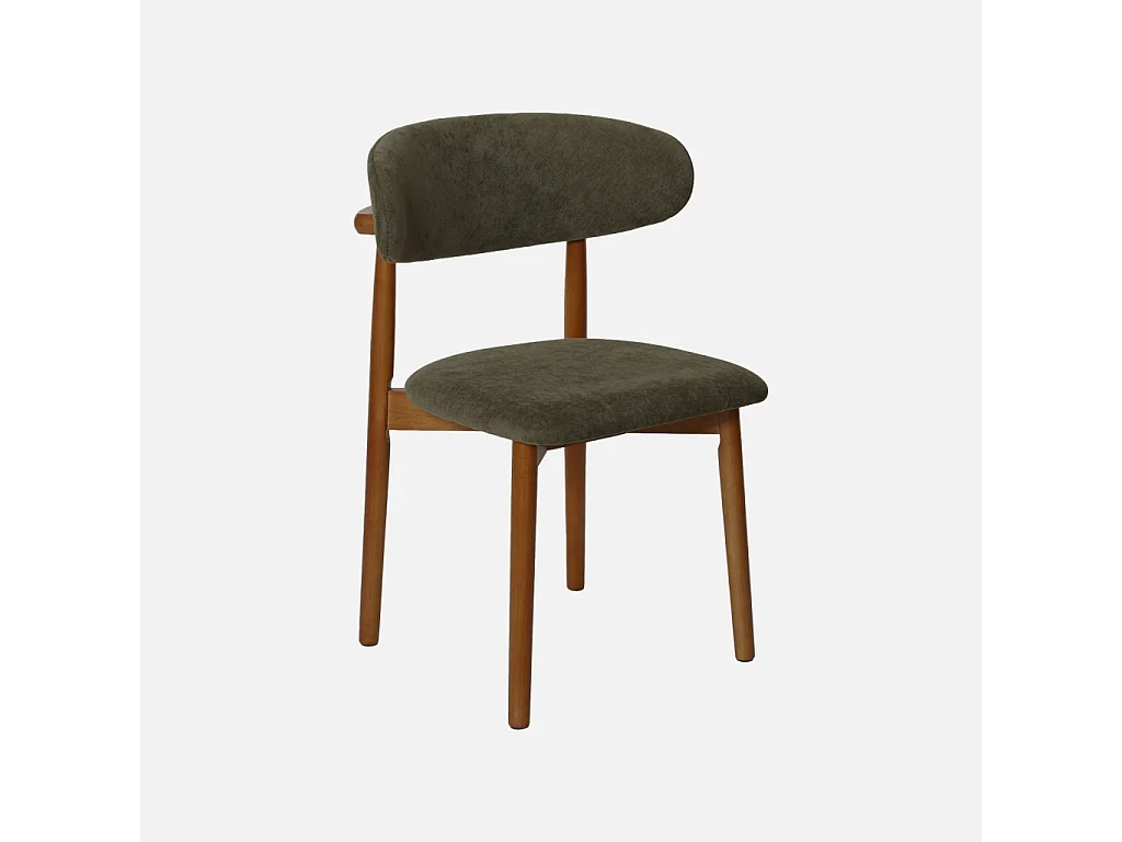 Lot de 2 chaises bois d'hévéa noyer et tissu chenille kaki - Paola