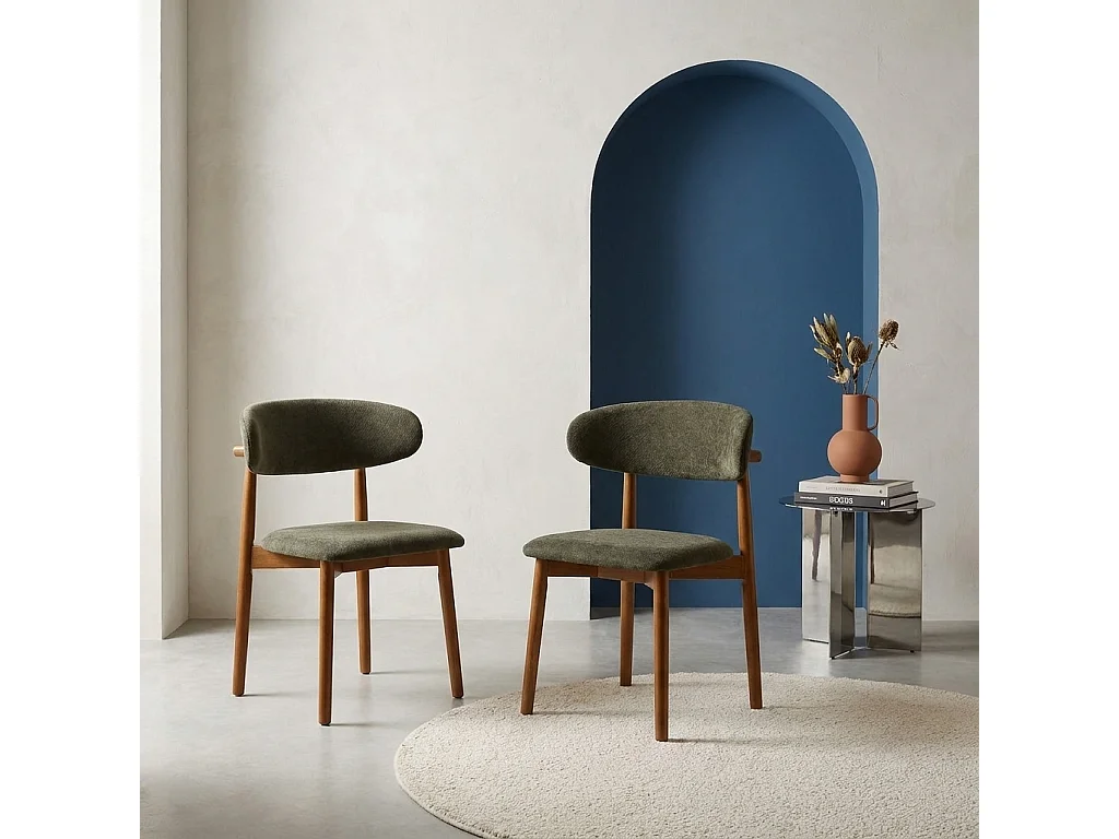 Lot de 2 chaises bois d'hévéa noyer et tissu chenille kaki - Paola