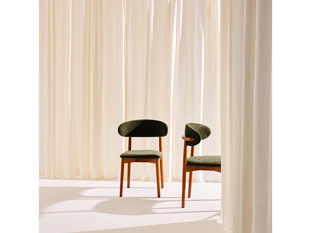 Lot de 2 chaises bois d'hévéa noyer et tissu chenille kaki - Paola