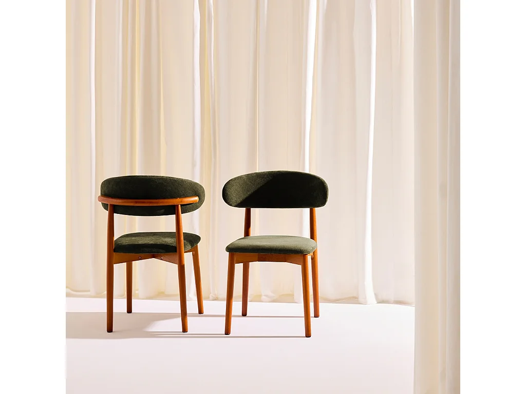 Lot de 2 chaises bois d'hévéa noyer et tissu chenille kaki - Paola