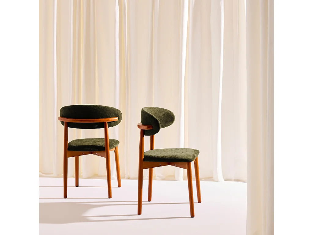 Lot de 2 chaises bois d'hévéa noyer et tissu chenille kaki - Paola