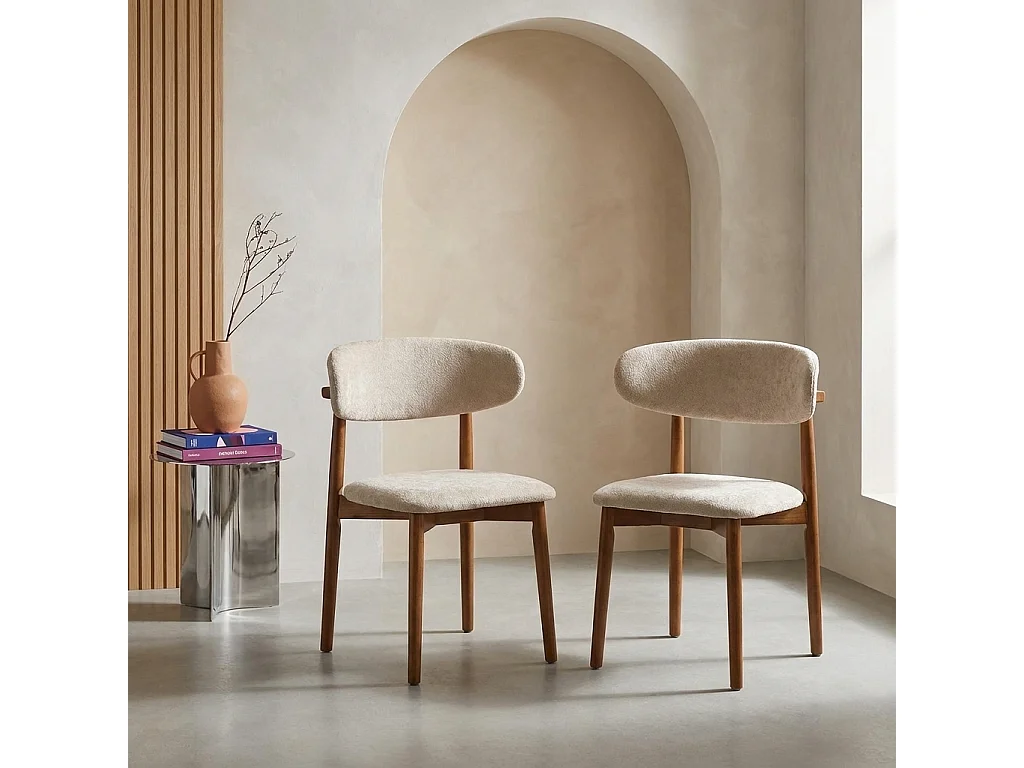 Lot de 2 chaises bois d'hévéa noyer et tissu chenille taupe - Paola