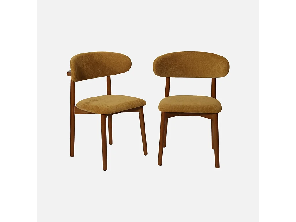 Lot de 2 chaises bois d'hévéa noyer et tissu chenille moutarde - Paola