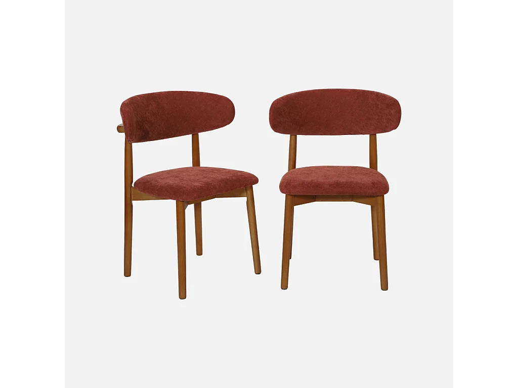 Lot de 2 chaises bois d'hévéa noyer et tissu chenille bordeaux - Paola