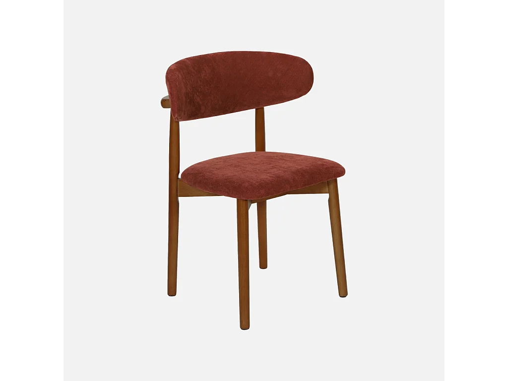 Lot de 2 chaises bois d'hévéa noyer et tissu chenille bordeaux - Paola