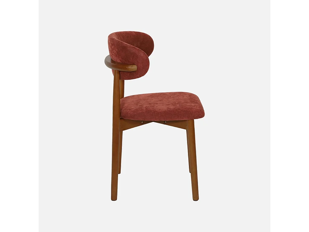 Lot de 2 chaises bois d'hévéa noyer et tissu chenille bordeaux - Paola