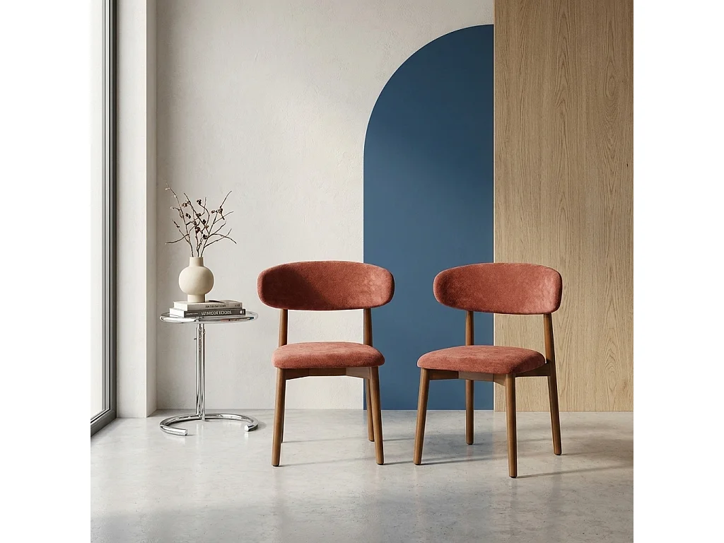 Lot de 2 chaises bois d'hévéa noyer et tissu chenille bordeaux - Paola