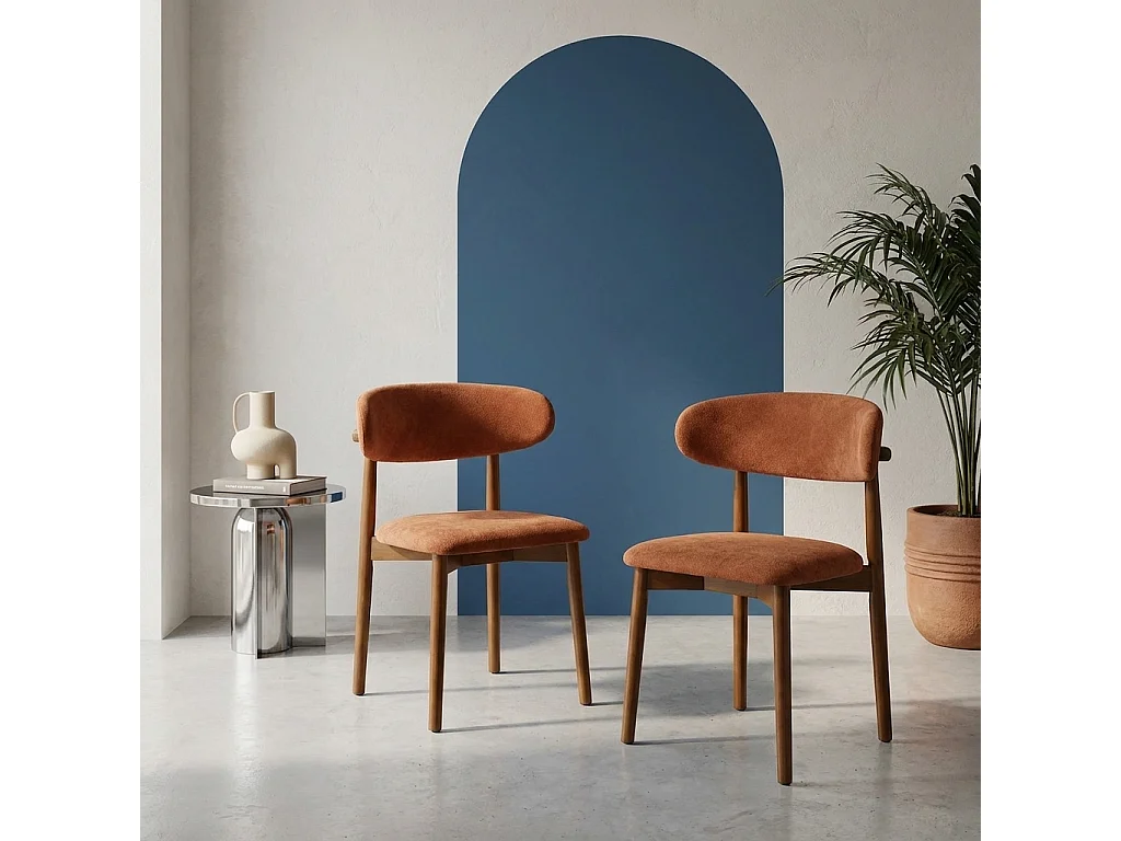 Lot de 2 chaises bois d'hévéa noyer et tissu chenille terracotta - Paola